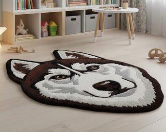 Alfombra de lana tejida a mano con diseño de husky: Alfombra de felpa con cara de perro, decoración para guardería
