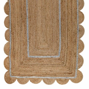 Silver Scalloped Jute Rug: Hand Braided Boho Area Runner