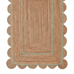 Handmade Pale Green Scalloped Jute Rug: Eco-Friendly Bohemian Runner