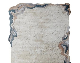 Hand Tufted Wool Rug: Modern Flowing Design, 8x10 Beige Area Rug
