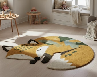 Hand Tufted Wool Fox Rug: Kids Nursery Animal Carpet for Décor