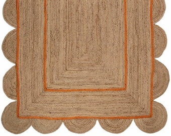 Alfombra de yute de vieira naranja, corredor de yute festoneado, alfombras coloridas para dormitorio, alfombras de yute personalizadas trenzadas a mano, alfombras de área boho de TheGiftsConnect