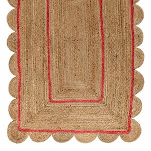 Hand-Braided Red Jute Scallop Rug: Bohemian Home Accent