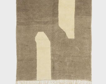 Neutraal beige en crème handgeknoopt wollen vloerkleed – modern geometrisch tapijt