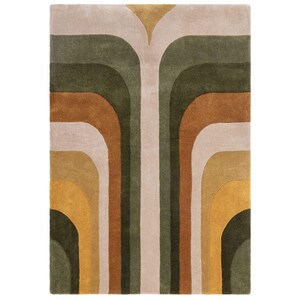 May include: A rectangular area rug with a retro design. The rug features curved, vertical bands in shades of green, brown, beige, and yellow. The design is symmetrical, with the bands mirroring each other on either side of a central beige stripe.