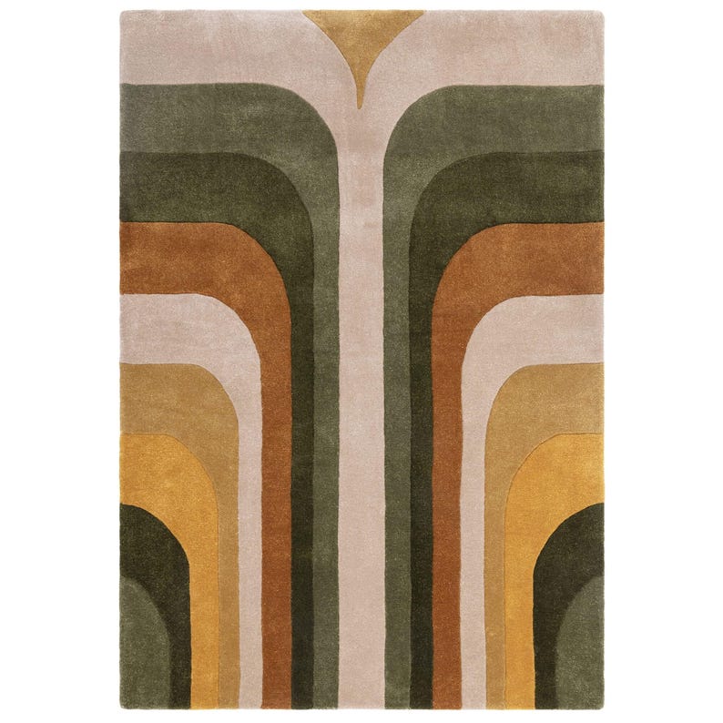 May include: A rectangular area rug with a retro design. The rug features curved, vertical bands in shades of green, brown, beige, and yellow. The design is symmetrical, with the bands mirroring each other on either side of a central beige stripe.