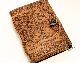 Leather Journal Ouija Grimoire Spirit board , Ouija Planchette Day Of The Dead Embossed Leather Notebook, Gift For Him Witch Planner Diary