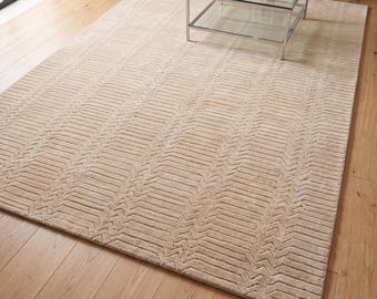 Hand Tufted Wool Zigzag Rug, Beige Carved Textured Area Rug, Minimalist Handmade Carpet, Modern Living Room Rug, Custom Size Rug