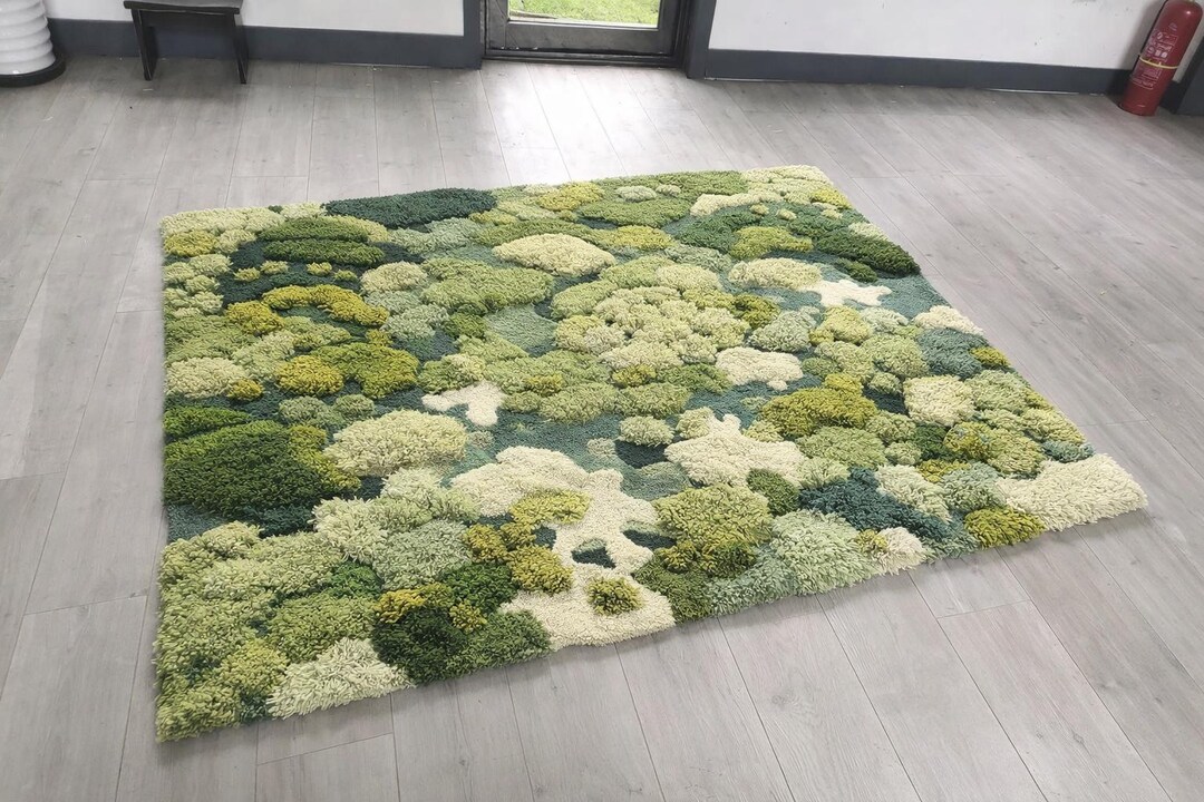 Forest Canopy Tufted Moss Rug, Handmade Green Textured Wool Area Carpet ...