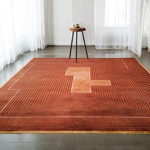 Hand Tufted Geometric Wool Rug 8x10: Rust Modern Area Rug - Etsy