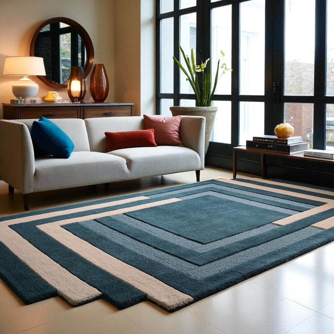 Square Pattern Blue Rug Blue & Cream Layered Square Pattern Modern Geometric Hand Tufted Wool ...