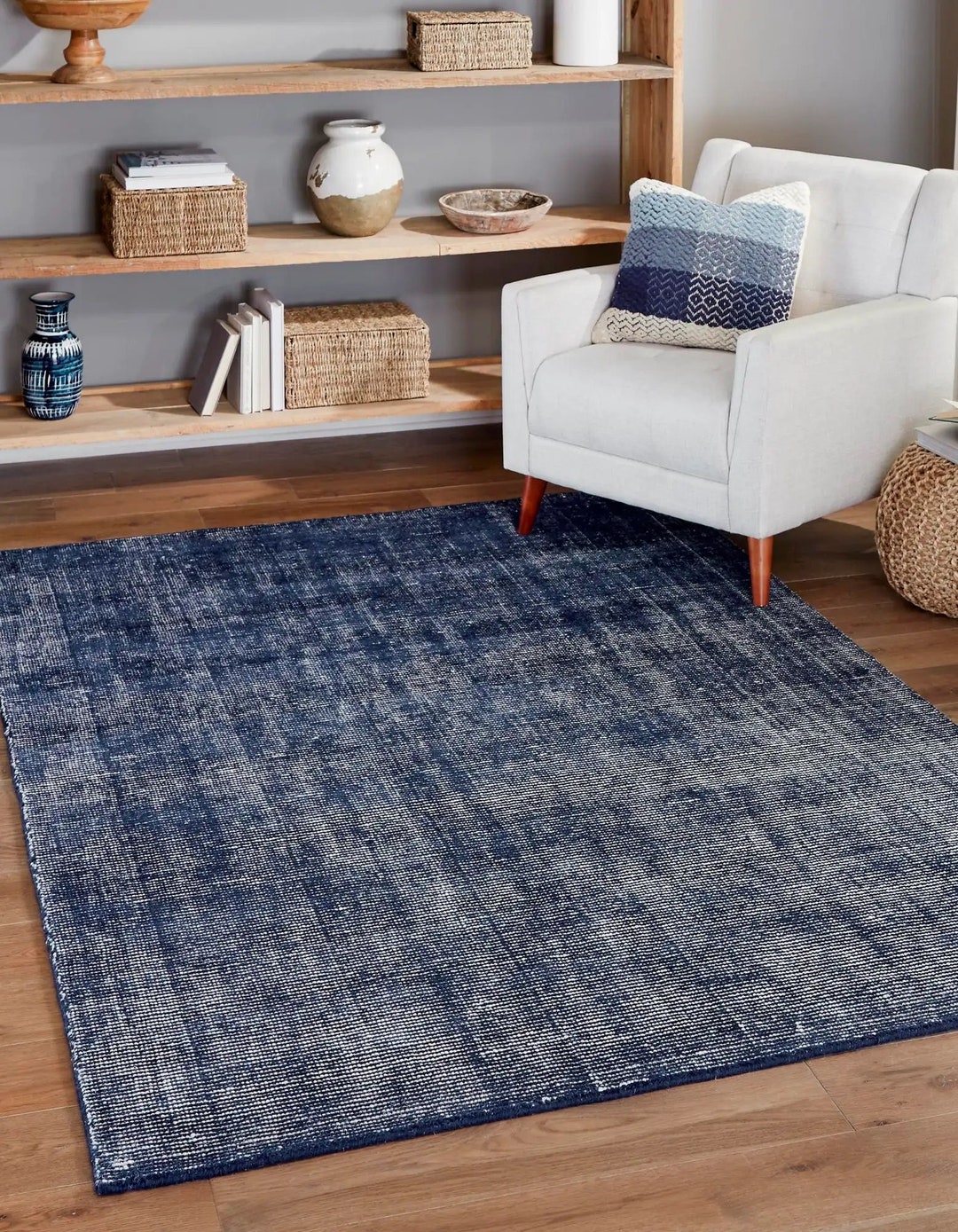 Blue Handwoven Aesthetic Wool Area Rugs, Hand Knotted Bohemian Chunky
