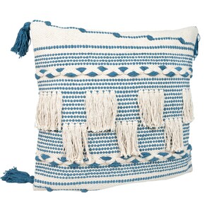 Handmade Bohemian Tufted Cotton Pillow Cover: Blue & Ivory, 18x18 inch