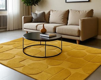 Mustard Yellow Wool Rug: Hand Tufted Geometric Circle Design