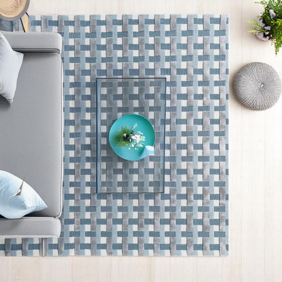 Modern Blue Checkered Wool & Silk Rug - Hand-tufted 8x10 Area Rug - Etsy