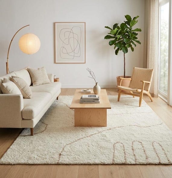 Handgeknüpfter elfenbeinfarbener Wollteppich mit abstraktem Linienmuster – Minimalistischer Teppich (240 x 300 cm)