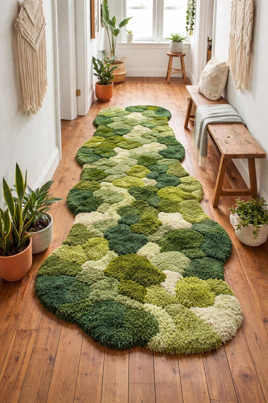 Moss Green Hand Tufted Runner Rug – Organic Pebble Design Wool Hallway ...