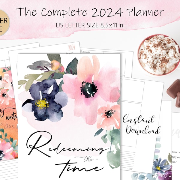 Printable Christian Planner 2024 - US Letter Size Planner - Seasonal Watercolor Floral Planner Download - 3 Ring Planner Insert