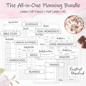 May include: A printable planning bundle with pages for schedules, goal worksheets, bible study, health and fitness, home management, homeschool, meals, business, finance, and ministry. The pages are black and white and have a minimalist design.