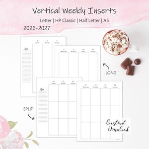 Peut inclure: Inserts de planning hebdomadaire vertical pour 2026-2027 aux formats Letter, HP Classic, Half Letter et A5. Les feuilles de papier blanc présentent des grilles noires avec des colonnes pour les jours et une section notes. Texte : Vertical Weekly Inserts, 2026-2027, LONG, SPLIT, Instant Download.