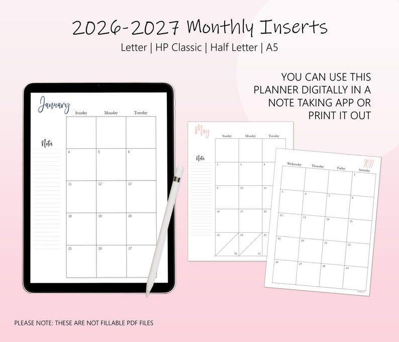 2026-2027 Monatliche Planer Einlagen: A5, Classic, Half Letter, Letter Size (Printable) Bild 8