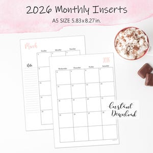 2026 A5 Monthly Planner Inserts: Monthly Calendar (Printable)