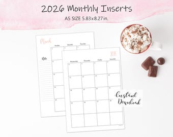 Planificador mensual A5 2026: Calendario mensual imprimible