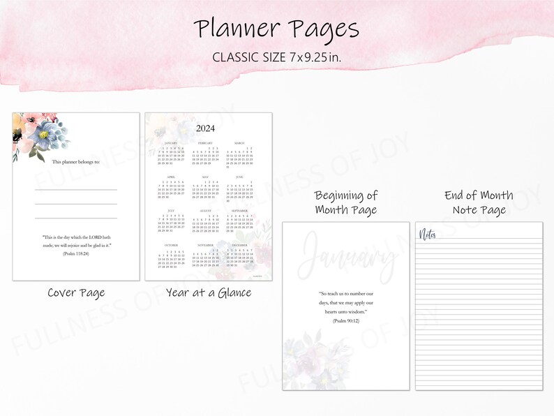 Printable Christian Planner 2024 Seasonal Watercolor Floral Planner Download Classic Size Planner Desktop Planner image 3