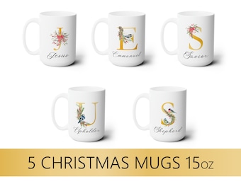 Christian Christmas Mug Set of 5 - Names of Jesus Monogram Mug -15oz Christmas Coffee or Hot Chocolate Mugs - Christmas Gift Set