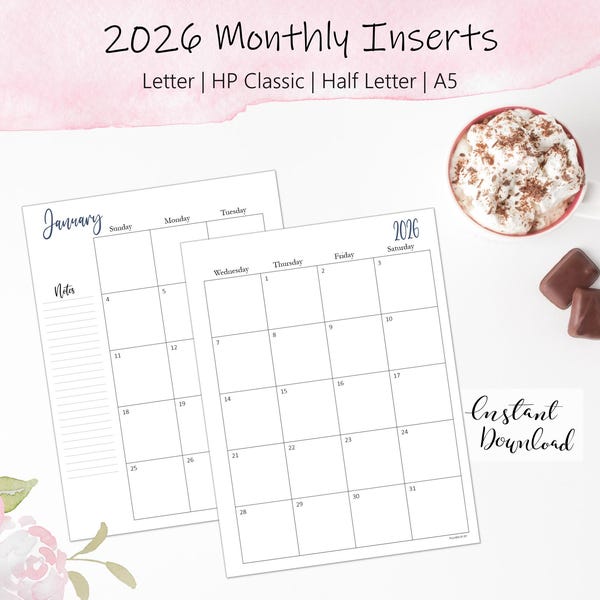 Planificador mensual 2026: A5, clásico, media carta, tamaño carta (imprimible)