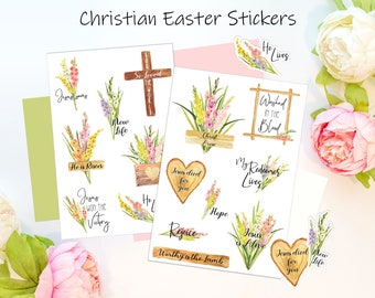 Afdrukbare bloemen paasstickers: Jezus-stickers, hij is verrezen (png, jpeg, pdf)