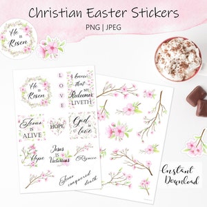 Printable Christian Easter Stickers - He is Risen Stickers - Cherry Blossom Stickers - Spring Flower Stickers - Printable Planner Stickers