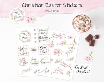 Christian Easter Stickers: He is Risen, Cherry Blossom (Printable PNG, JPEG)
