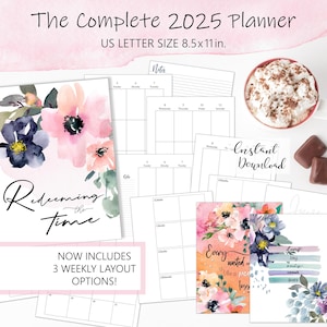 Planificador cristiano imprimible 2025, tamaño carta, con motivos florales, descarga de planificador de temporada, planificador diario de 3 anillos 2025