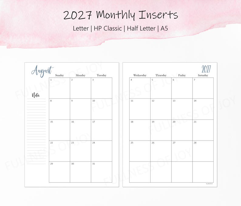 2026-2027 Monatliche Planer Einlagen: A5, Classic, Half Letter, Letter Size (Printable) Bild 4