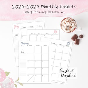 K&ouml;nnte beinhalten: Ein Set aus 2026-2027 Monatskalender-Einlagen f&uuml;r Letter, HP Classic, Half Letter und A5 Formate. Die wei&szlig;en Papierb&ouml;gen zeigen schwarze Raster mit Monatsnamen, Wochentagen und einem Notizbereich. Der Text lautet 2026-2027 Monthly Inserts und Instant Download.