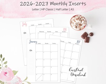 2026-2027 Monthly Planner Inserts: A5, Classic, Half Letter, Letter Size (Printable)