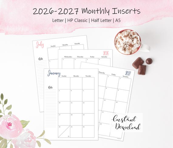 2026-2027 Monthly Planner Inserts: A5, Classic, Half Letter, Letter Size (Printable)