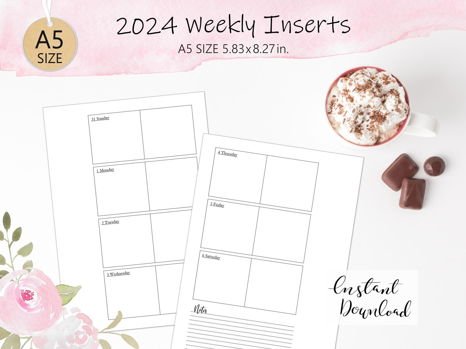 2024 Printable A5 Weekly Planner Inserts A5 Binder 6 Ring Planner