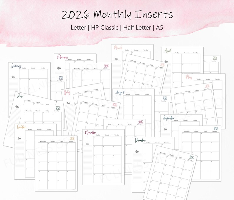 2026-2027 Monatliche Planer Einlagen: A5, Classic, Half Letter, Letter Size (Printable) Bild 3