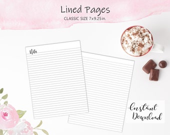 Printable Note Page - Note Taking Paper - Classic Size Inserts - Lined Journal Pages - Planner Notes Insert