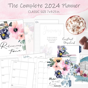 Printable Christian Planner 2024 - Seasonal Watercolor Floral Planner Download - Classic Size Planner - Desktop Planner