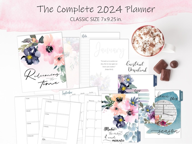 Printable Christian Planner 2024 Seasonal Watercolor Floral Planner Download Classic Size Planner Desktop Planner image 1