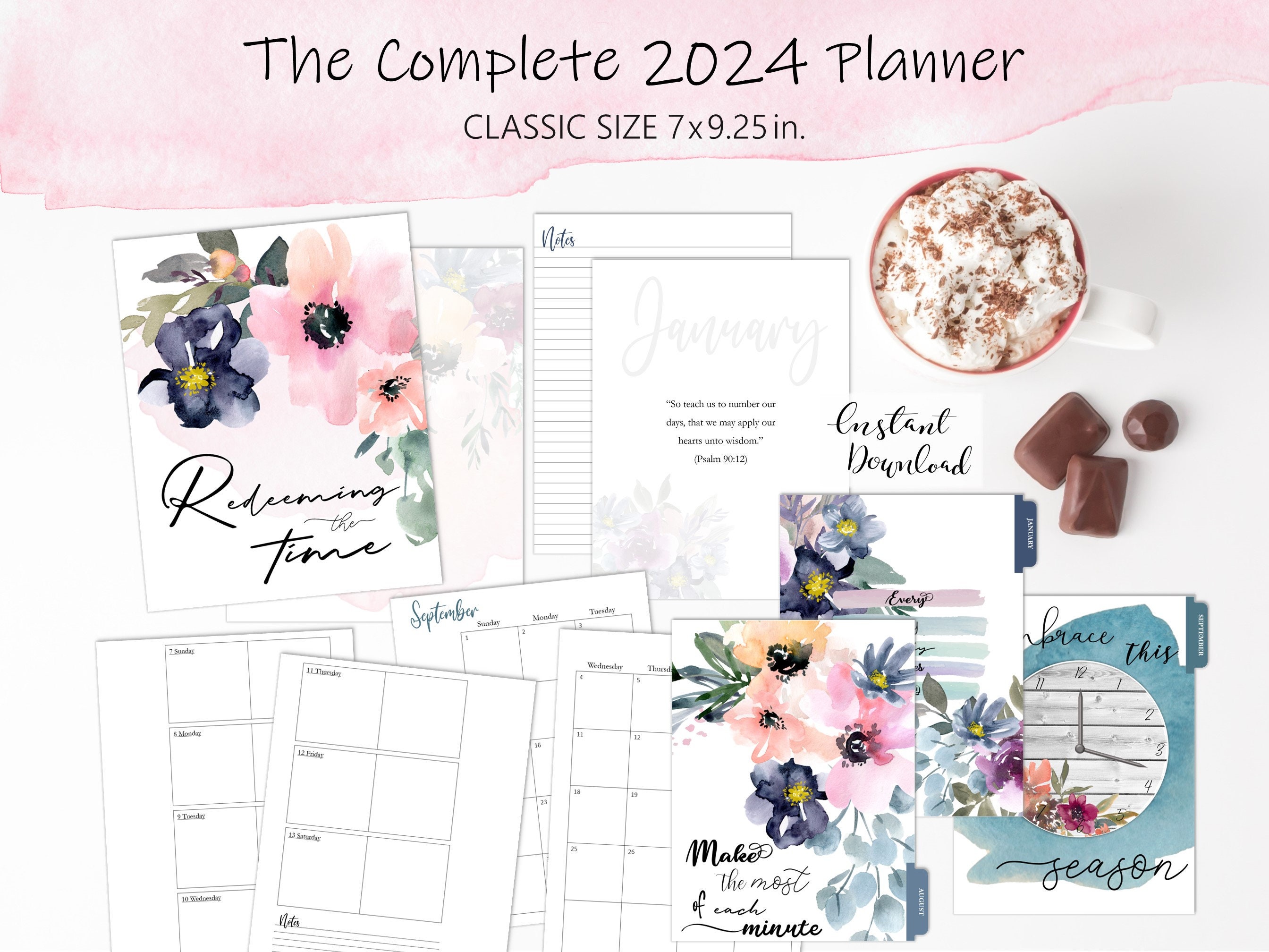 Printable Christian Planner 2024 Seasonal Watercolor Floral Planner ...