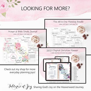K&ouml;nnte beinhalten: Ein digitales Planungsset mit einem Gebets- und Bibelstudienjournal, einem All-in-One-Planungspaket und einem digitalen christlichen Planer f&uuml;r 2027. Die Grafiken zeigen rosa Blumenmotive, Text&uuml;berlagerungen und Layouts f&uuml;r t&auml;gliche und monatliche Aufgaben.