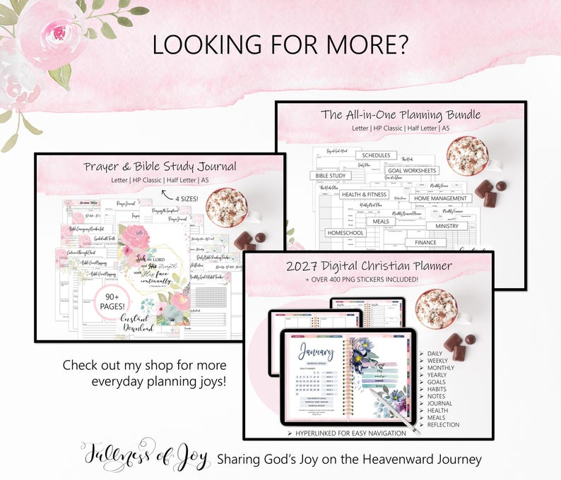 K&ouml;nnte beinhalten: Ein digitales Planungsset mit einem Gebets- und Bibelstudienjournal, einem All-in-One-Planungspaket und einem digitalen christlichen Planer f&uuml;r 2027. Die Grafiken zeigen rosa Blumenmotive, Text&uuml;berlagerungen und Layouts f&uuml;r t&auml;gliche und monatliche Aufgaben.