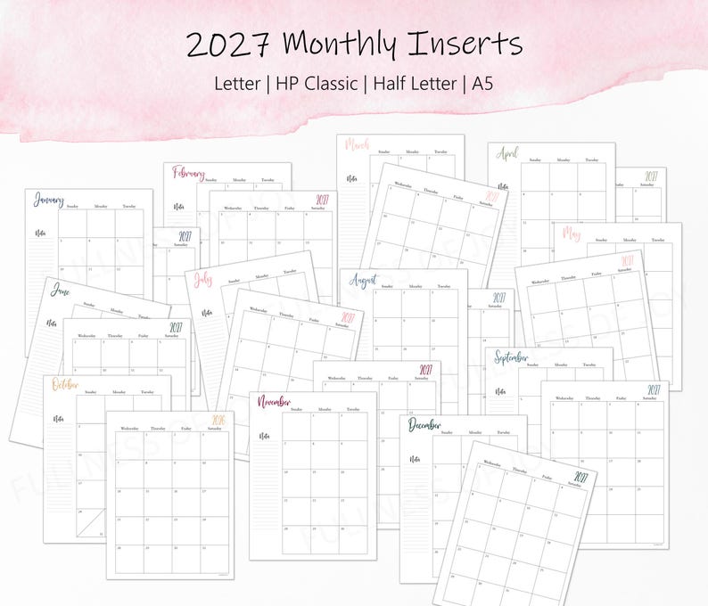 2026-2027 Monatliche Planer Einlagen: A5, Classic, Half Letter, Letter Size (Printable) Bild 5