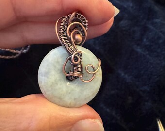 Handcrafted Green Jade Donut Pendant Necklace - Wire Wrapped Jewelry