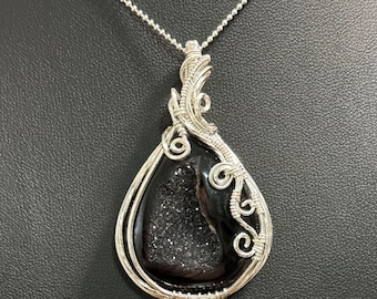 Sterling Silver Wire Wrapped Black Onyx Druzy Pendant Necklace