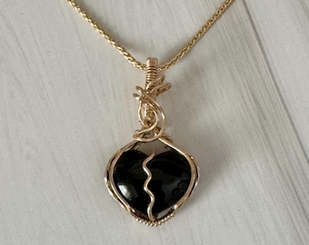 Black Onyx Broken Heart Pendant: 14k Gold-Filled Wire Wrapped Necklace